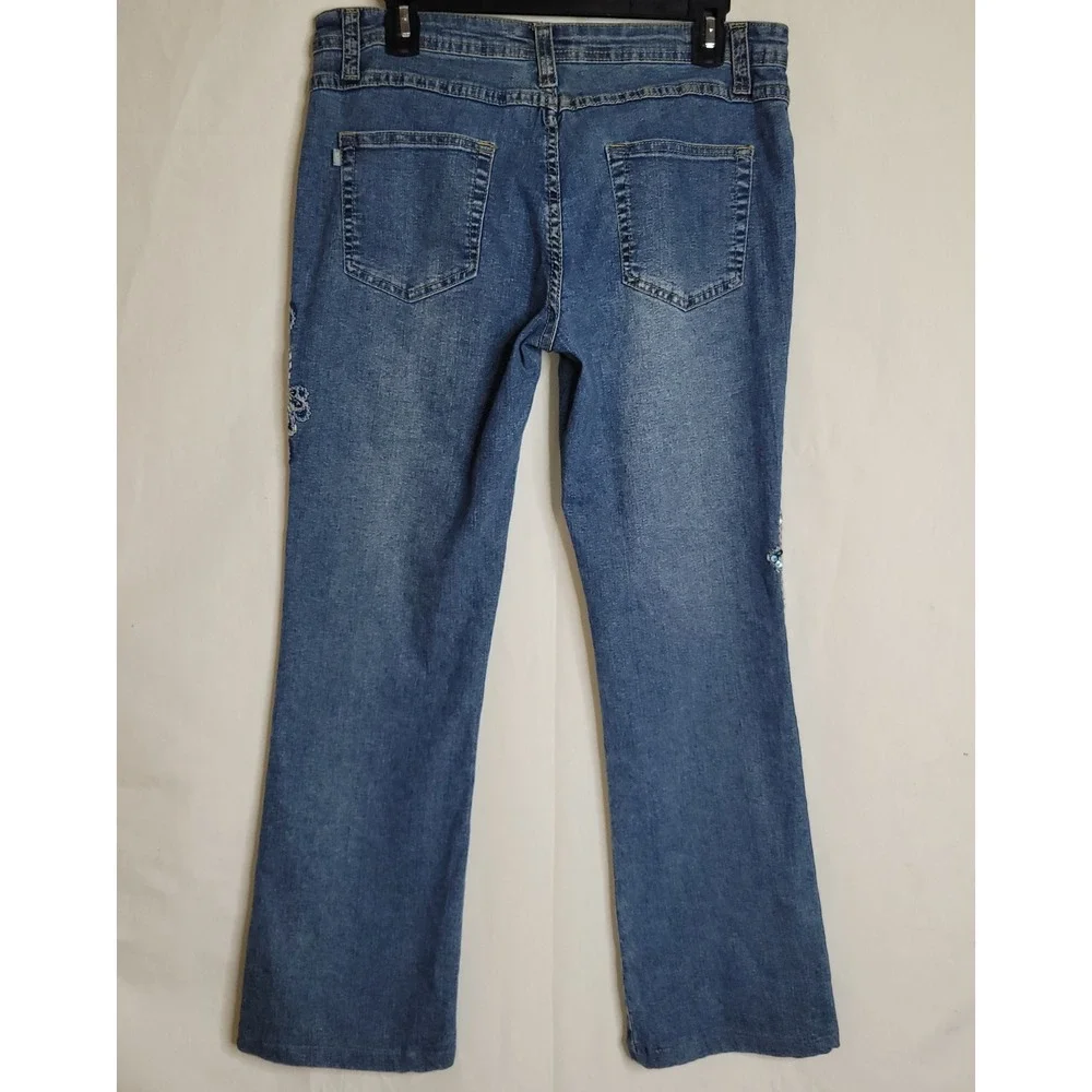 Vintage F.L. Jeans Medium Wash Embellished Sequin Floral Bootcut Denim Jeans Y2K